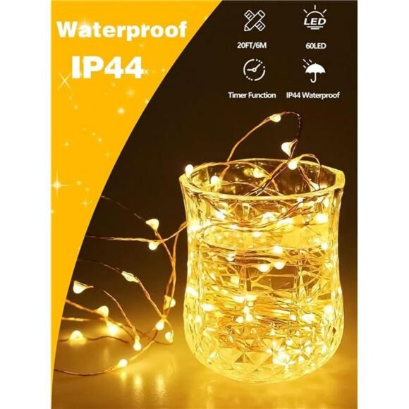 Warm White Fairy String Lights 60 LED Battery Operated Timer Indoor Outdoor Set - Picture 2 of 7